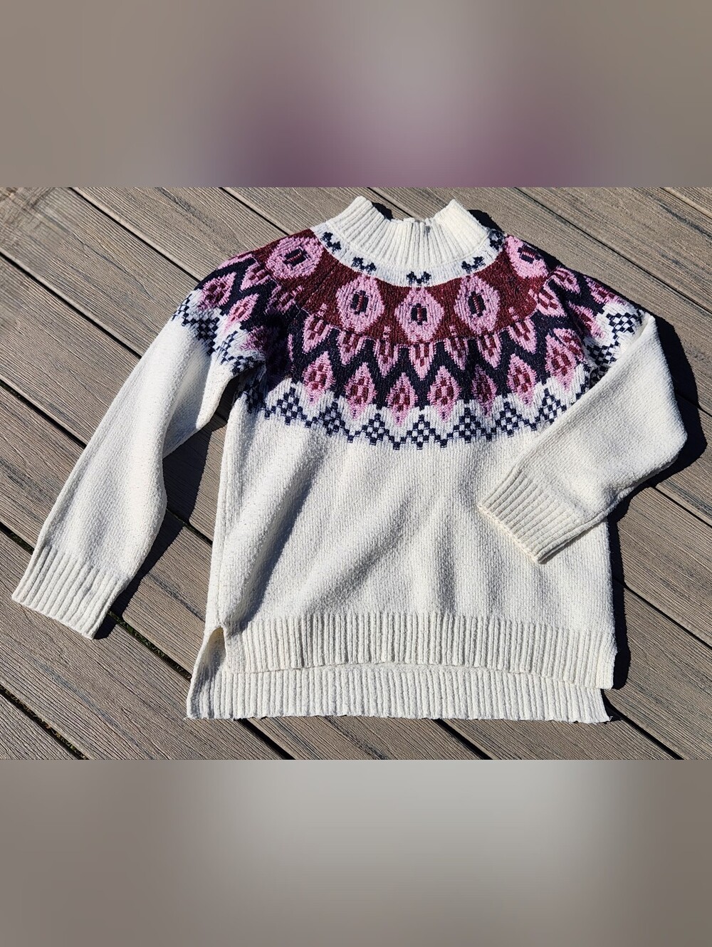 Maurices Cream Fair Isle Turtleneck Sweater with Pink and Burgundy Yoke